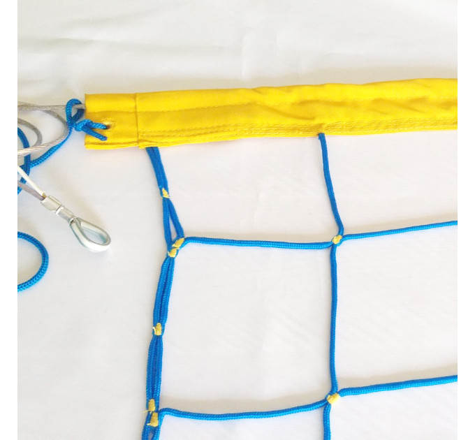 Сітка волейбольна пляжна без-вузлова «Еліт 15» з тросом, сітка для пляжного волейболу, синьо-жовта