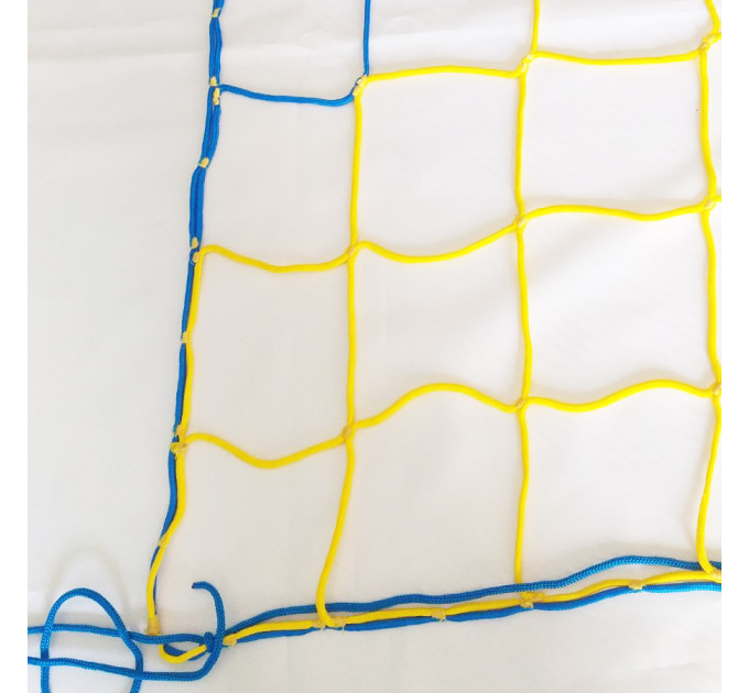 Сітка волейбольна пляжна без-вузлова «Еліт 15» з тросом, сітка для пляжного волейболу, синьо-жовта