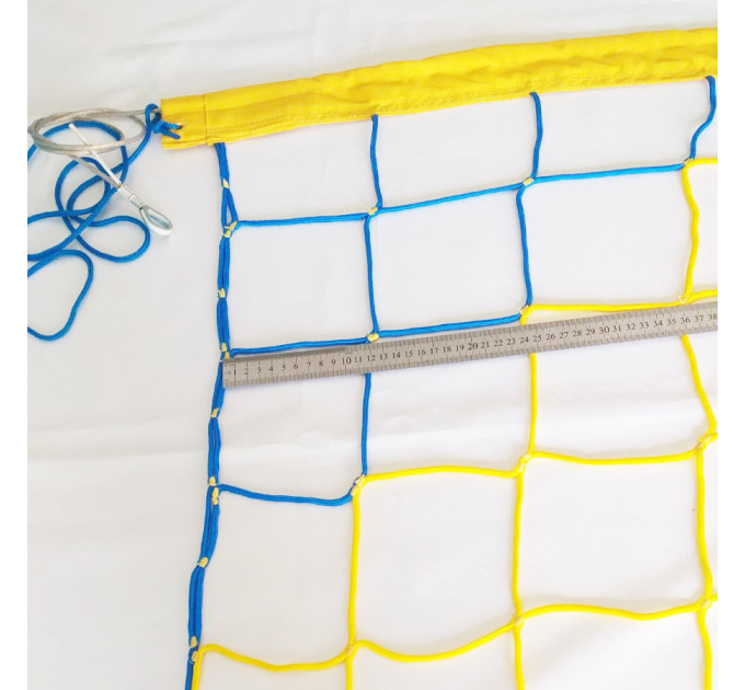 Сітка волейбольна пляжна без-вузлова «Еліт 15» з тросом, сітка для пляжного волейболу, синьо-жовта