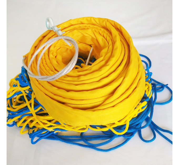 Сітка волейбольна пляжна без-вузлова «Еліт 15» з тросом, сітка для пляжного волейболу, синьо-жовта